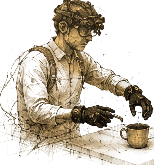 Engraved illustration of an operator wearing the capture rig