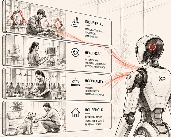 Industrial, healthcare, hospitality and household environments feeding a humanoid robot