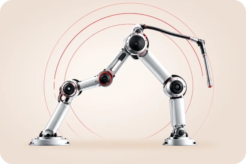 Two collaborating white robot arms