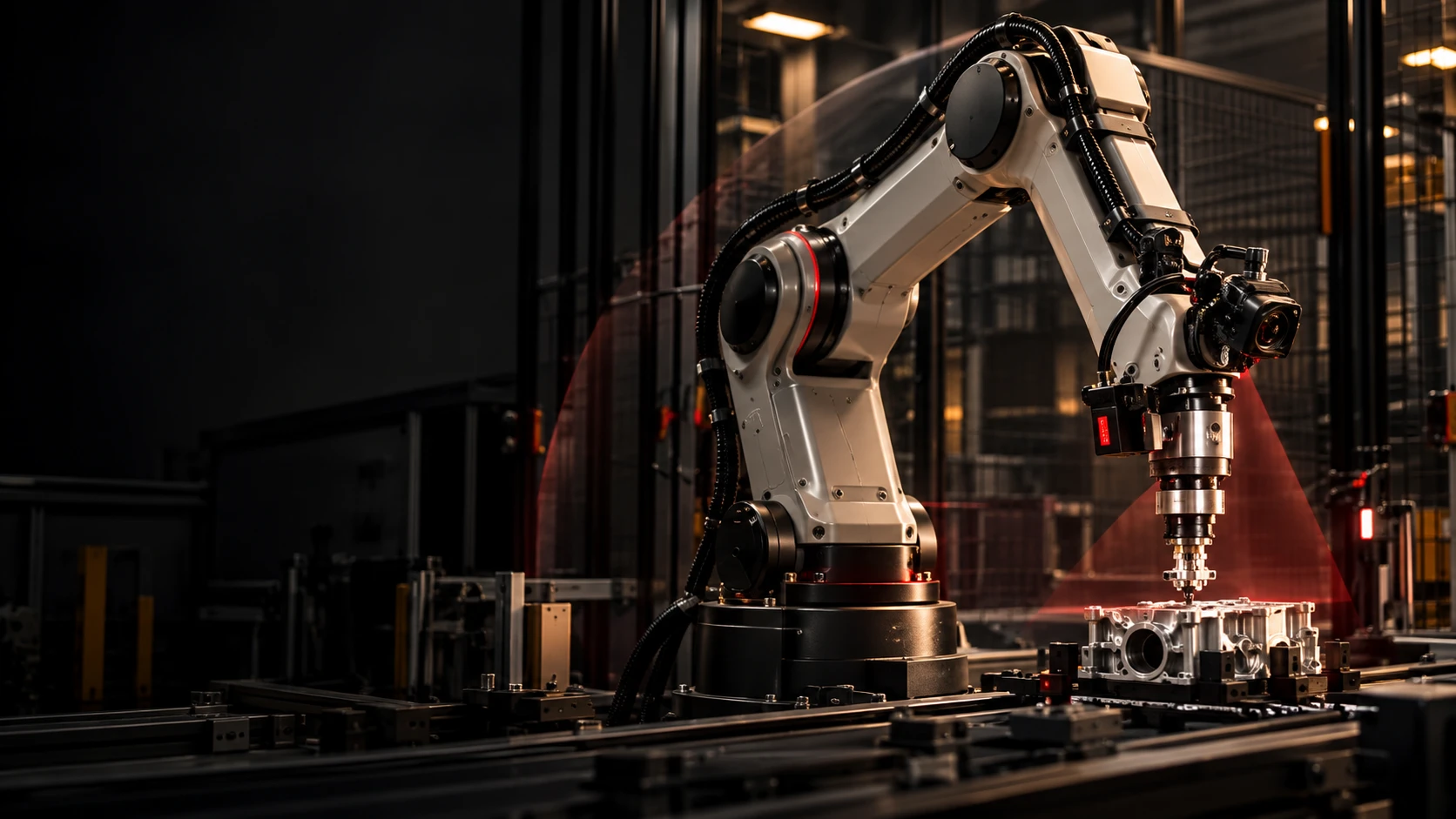 Industrial robot arm in a factory cell, instrumented for data capture