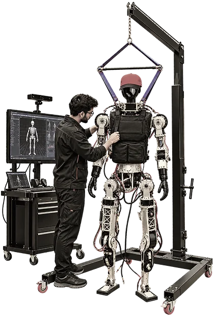 Orbit illustration of the XPhi data engine connecting cameras, robots, operators and servers